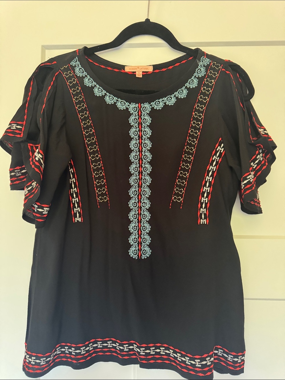 Gibson Latimer Black Boho Top with Red & Light Blue Embroidery